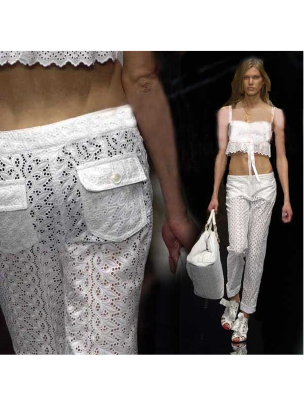 Dolce & Gabbana SS2001 Runway White Eyelet Lace Pants Vintage IT42 Cotton